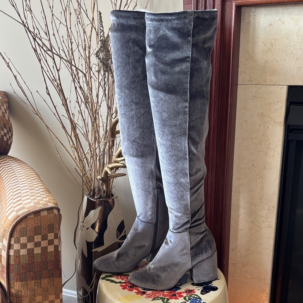 ALDO Belinna Over the Knee Gray Velvet Stretch Boots Block Heel Thigh High Party